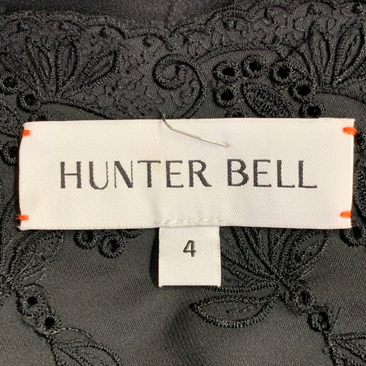 HUNTER BELL Size 4 Black Satin Eyelet Long Sleeveless V-Neck Slip Evening Gown