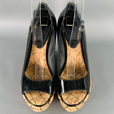 CHANEL Size 6.5 Black Natural Patent Leather Quilted Cork Peep Toe Platform Pumps