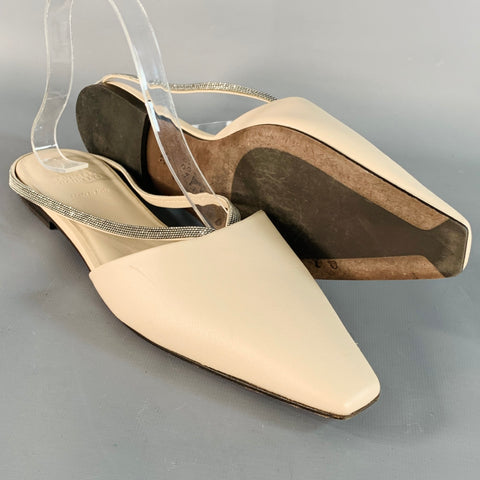 BRUNELLO CUCINELLI Size 10 Beige Silver Leather Monili Slip On Flats