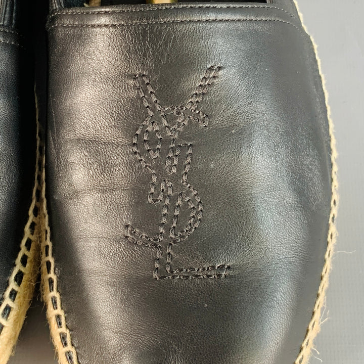 SAINT LAURENT Size 12 Black Natural Logo Leather Espadrille Sneakers