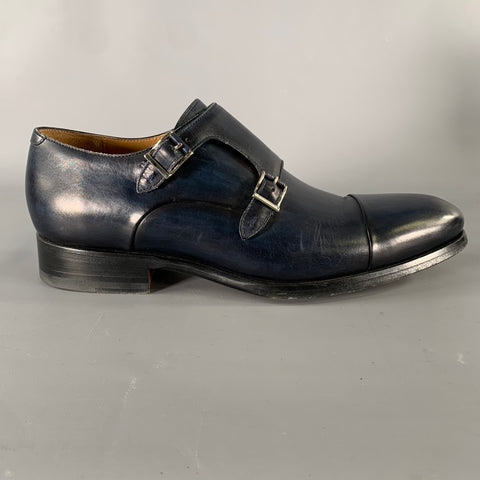 MAGNANNI Size 8 Navy Black Leather Double Monk Strap Loafers