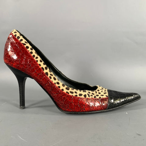 DONALD J PLINER Size 9 Red Tan Leather 12 CAB 9 M Embossed Pointed Toe Pumps