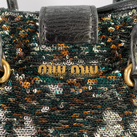 MIU MIU Black Metallic Sequined Leather Top Handles Handbag