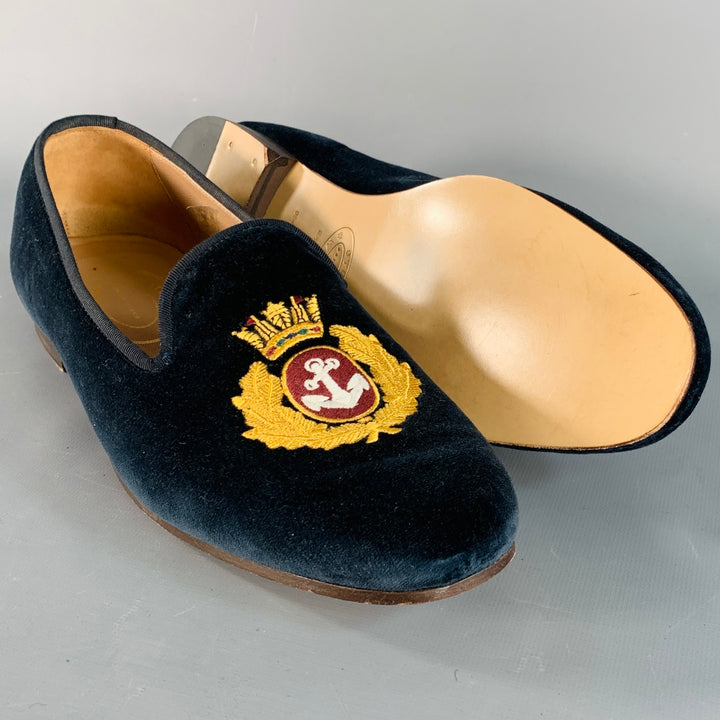 STUBBS & WOOTTON Size 10.5 Royal Anchor Navy Gold Embroidery Velvet Loafers