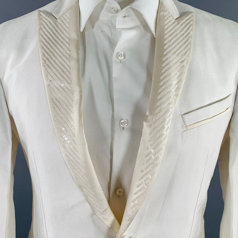JUST CAVALLI Taille 38 Veste sport à revers pointus et sequins blanc beige