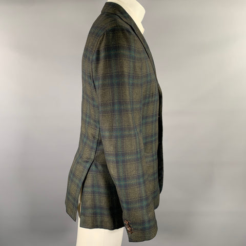 KITON Size 40 Green Charcoal Plaid Cashmere Notch Lapel Sport Coat