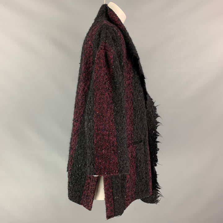 IRO Size 6 Beverly Black Burgundy Wool Blend Stripe Open Front Coat