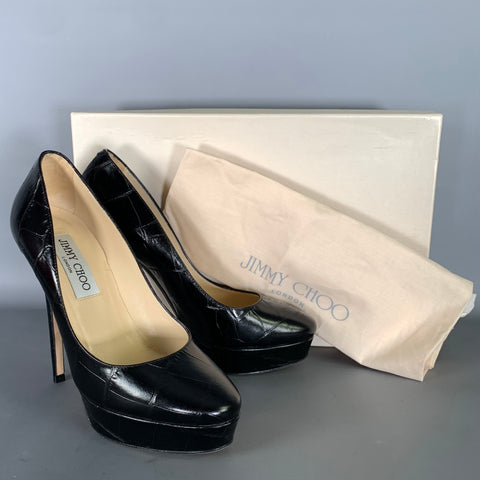 JIMMY CHOO Size 6 Black Leather Croc Embossed Stiletto Pumps