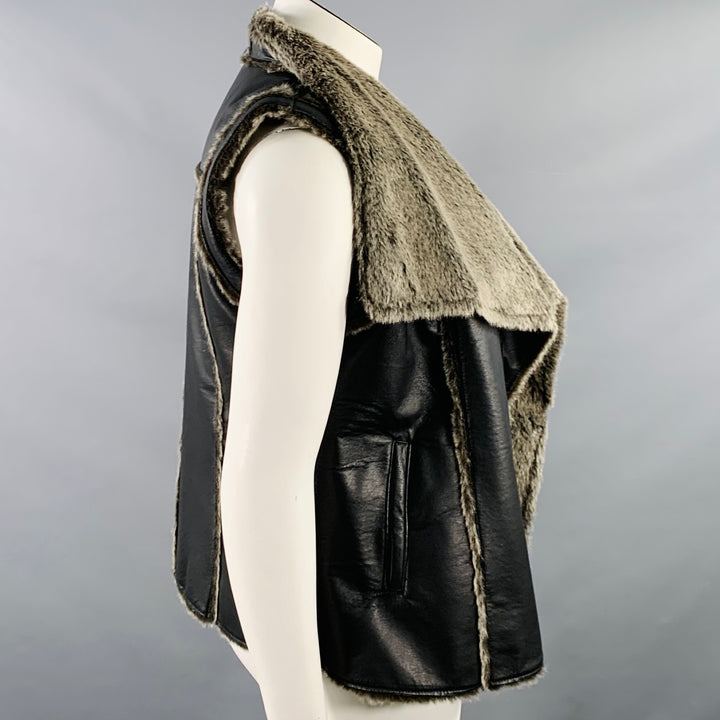 TRIBES Size L Black Grey Leather Faux Fur Open Front Vest