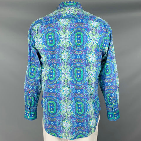 ROBERT GRAHAM Size L Blue Green Print Cotton Button Up Long Sleeve Shirt