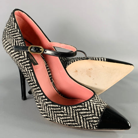DOLCE & GABBANA Size 8.5 Black White Wool Herringbone Leather Trim Heels Pumps