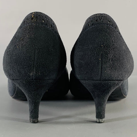 SERGIO ROSSI Size 6.5 Navy Suede Perforated Kitten Heel Pumps