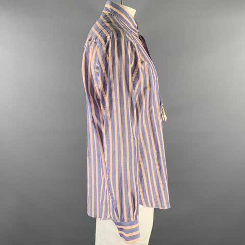 BRIONI Size L Blue Orange White Stripe Linen Long Sleeve Shirt