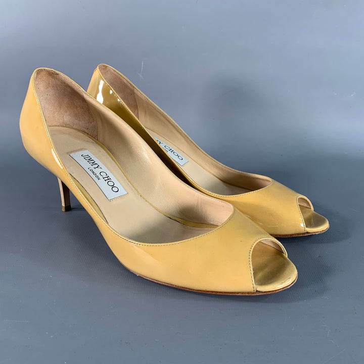 JIMMY CHOO Size 8 Tan Patent Leather Peep Toe Pumps