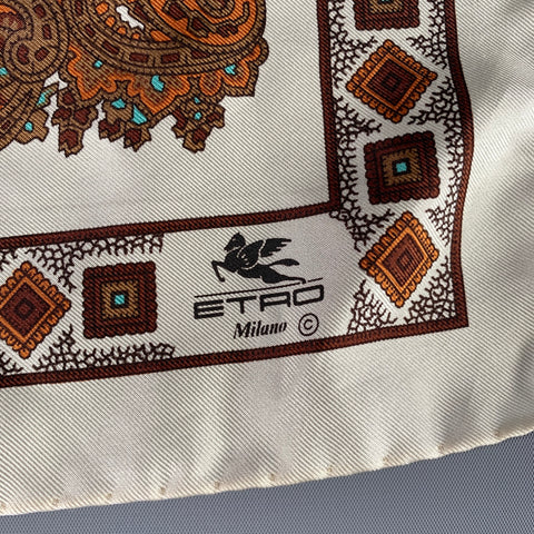 ETRO White Brown Paisley Silk Pocket Square