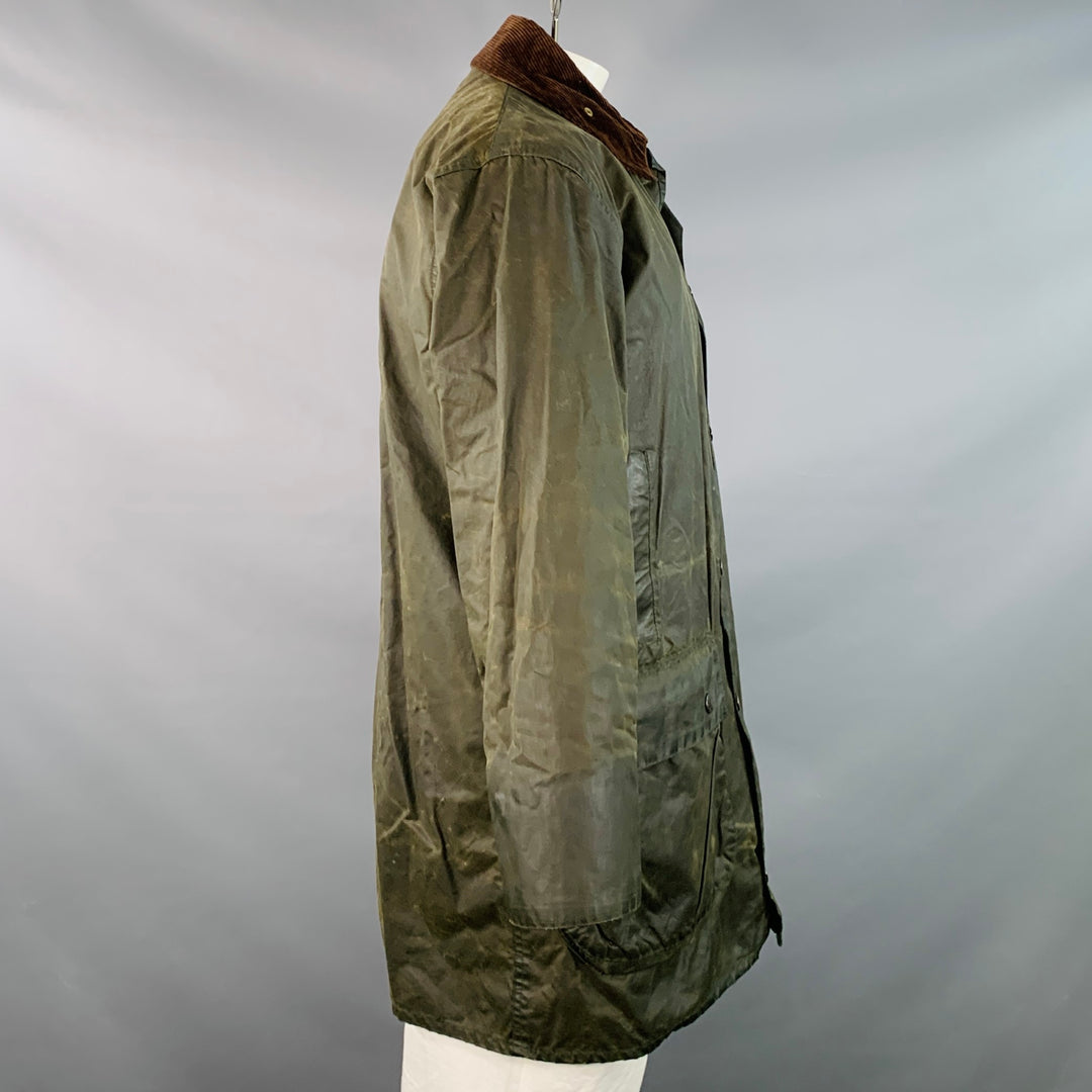 BARBOUR Size L Brown Olive Waxed Canvas Corduroy Collar Zip Snaps Jacket