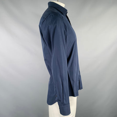 LANVIN Size L Navy Cotton Hidden Placket Long Sleeve Shirt