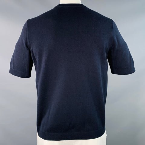 GUCCI Size XL Navy White Logo Silk Cotton Short Sleeve Crew Neck Pullover