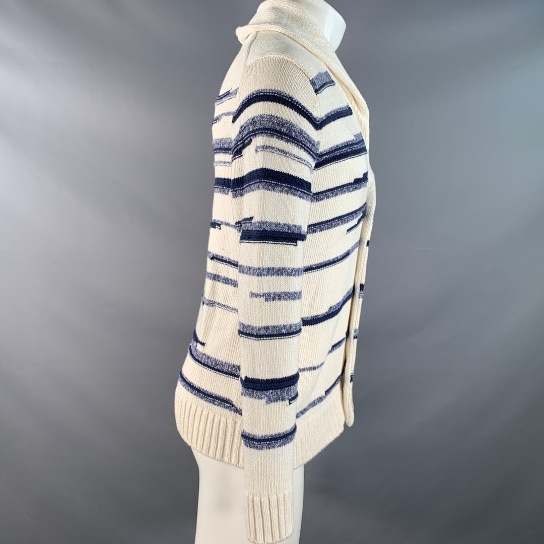 VINCE Size S Cream Blue Stripe Cotton Shawl Collar Cardigan