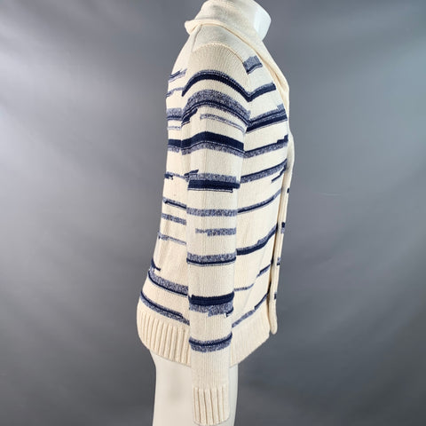 VINCE Size S Cream Blue Stripe Cotton Shawl Collar Cardigan