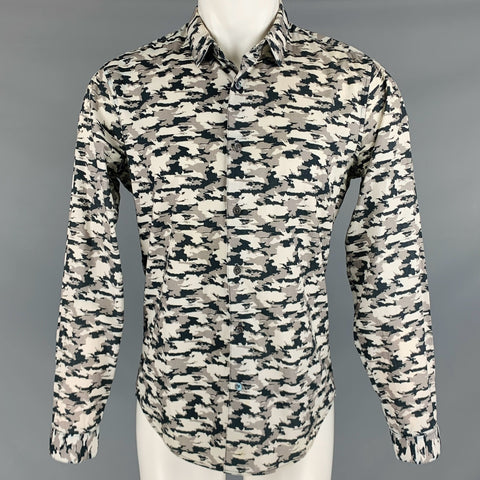 THEORY Size M Off White Black Camo Cotton Button Up Long Sleeve Shirt