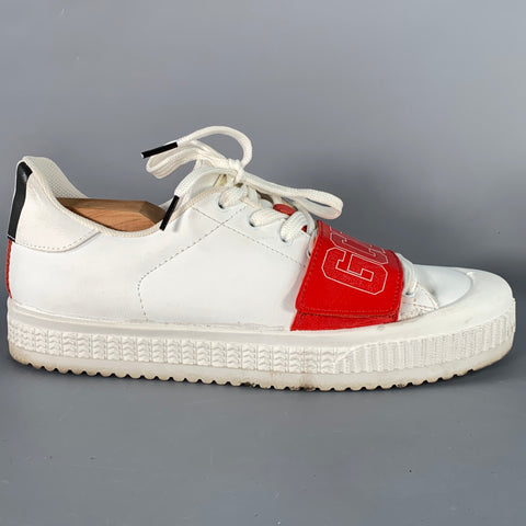 GCDS Size 9 White Red Black Leather Logo Low Top Platform Sneakers