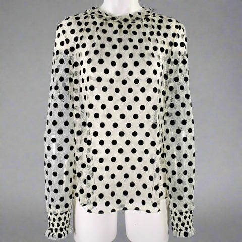 AKRIS Size 8 White Black Viscose Nylon Dots Long Sleeve Blouse