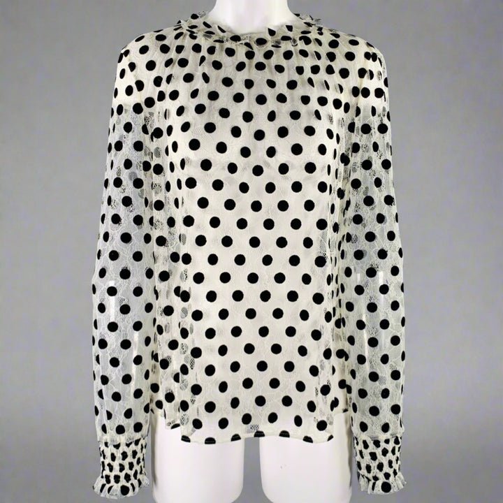 AKRIS Size 8 White Black Viscose Nylon Dots Long Sleeve Blouse