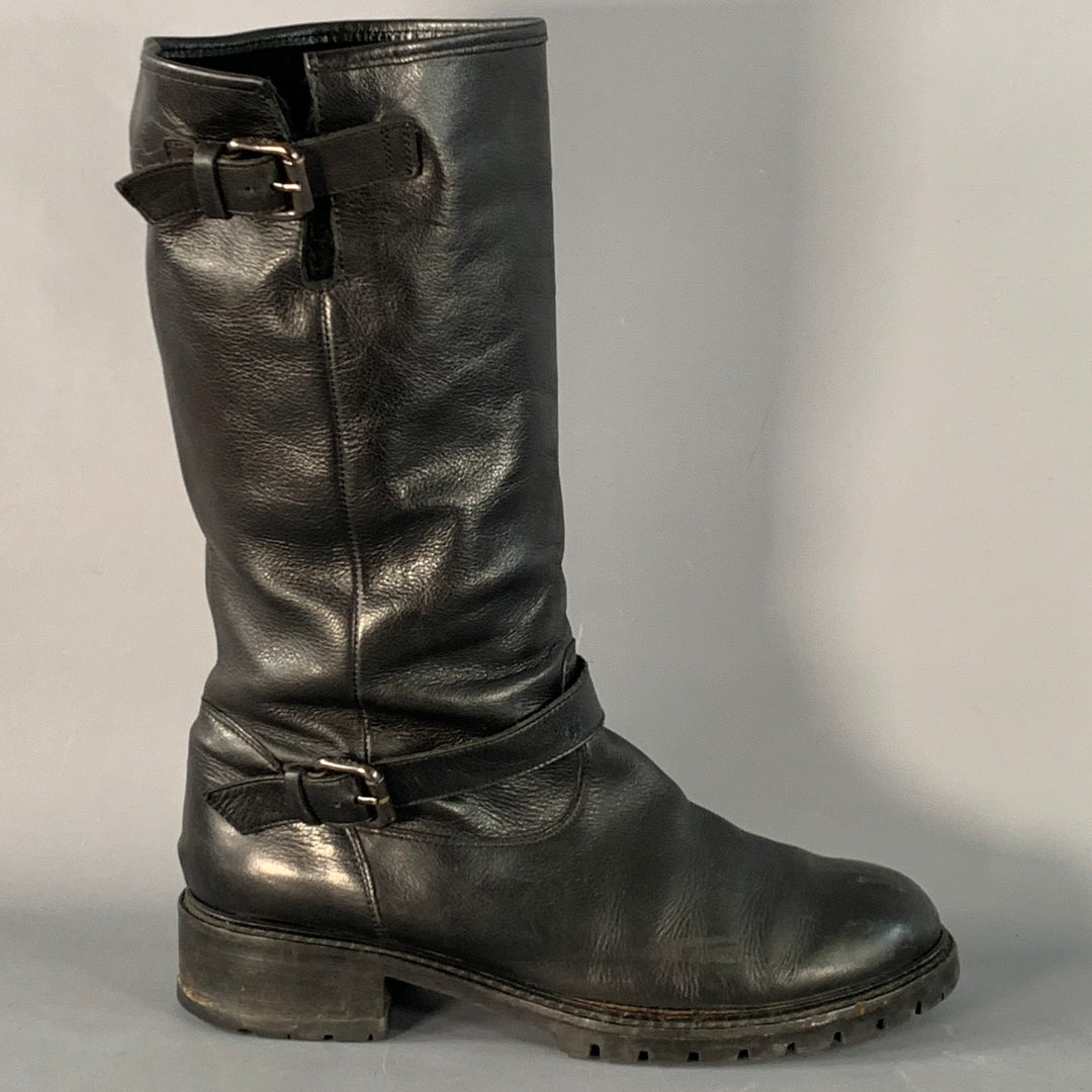 FENDI Size 9 Black Leather Shearling Lined Pull On Buckle Boots