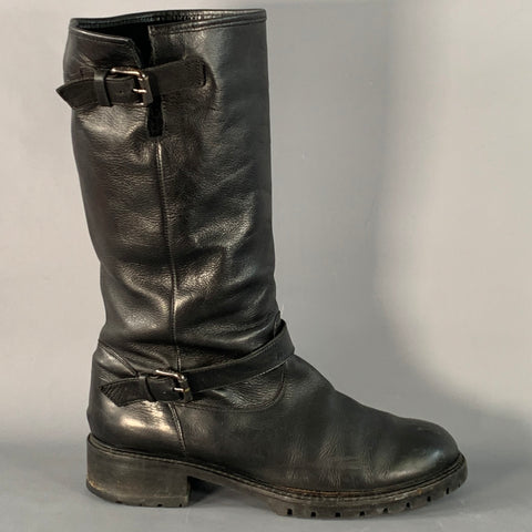 FENDI Size 9 Black Leather Shearling Lined Pull On Buckle Boots