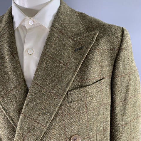 RALPH LAUREN Size 46R Green Brown Window Pane Wool Linen Silk Sport Coat