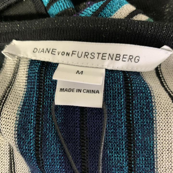 DIANE VON FURSTENBERG Size M Black Green Silk Blend Stripe Wrap Mid-Calf Dress
