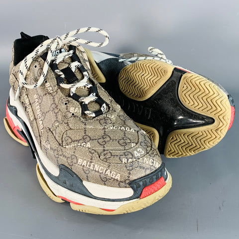 BALENCIAGA x GUCCI Size 10 Triple S Brown White Logo Chunky Sole Sneakers