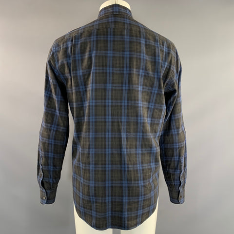 INIS MEAIN Size M Blue Brown Plaid Cotton Button Up Long Sleeve Shirt