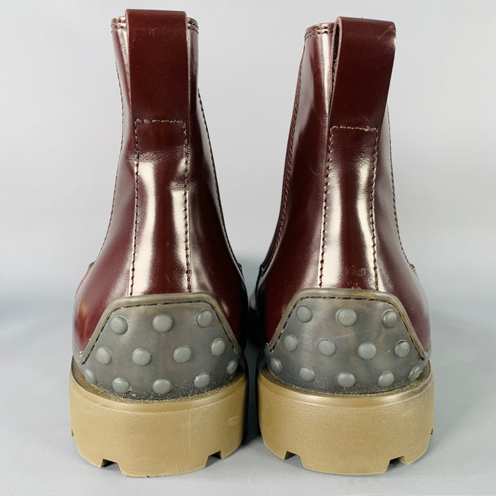 TOD'S Size 8 Burgundy Leather Chelsea Ankle Tread Sole Boots