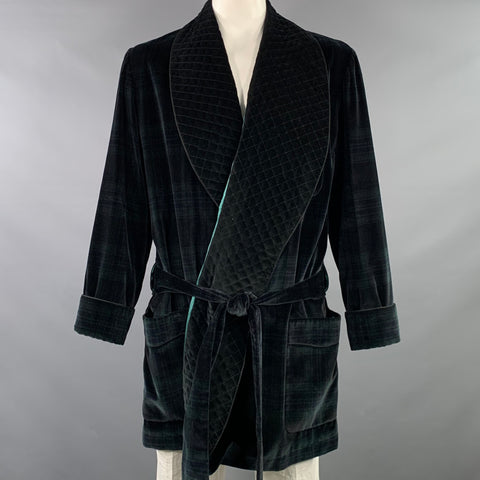 BROOKS BROTHERS Size XL Black Dark Green Blackwatch Plaid Velvet Smoking Jacket