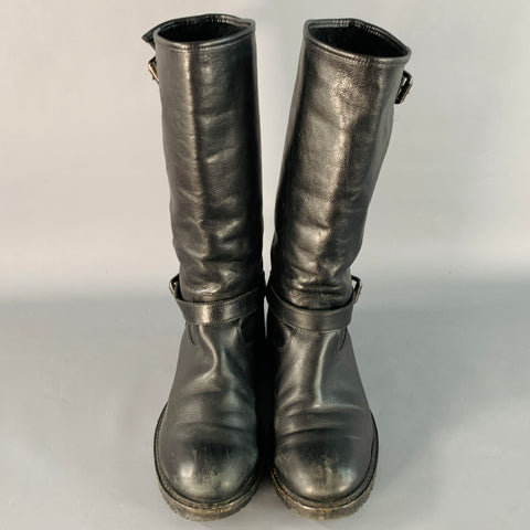 FENDI Size 9 Black Leather Shearling Lined Pull On Buckle Boots