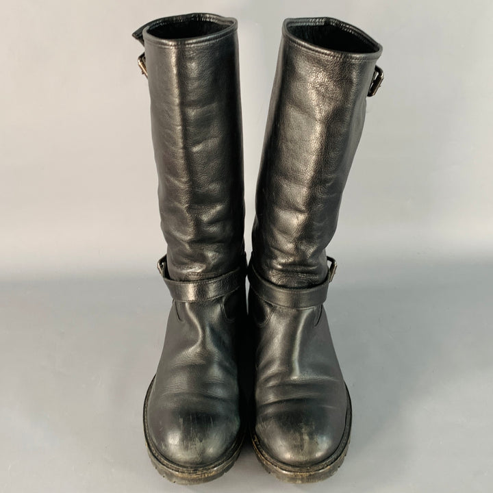 FENDI Size 9 Black Leather Shearling Lined Pull On Buckle Boots