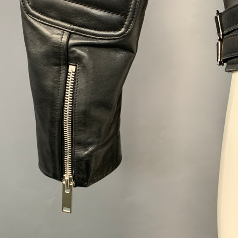 SANDRO Taille S Blouson Moto Racer en Cuir Matelassé Noir