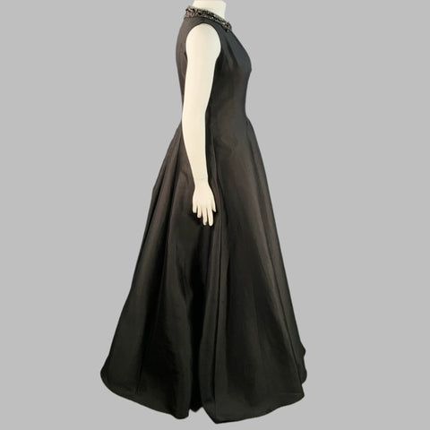 RACHEL GILBERT Size 12 Black Silk Cotton Rhinestone Collar Long Evening Gown