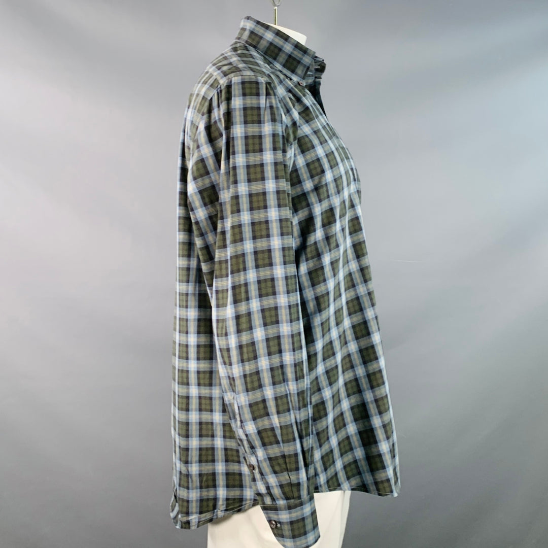 LUCIANO BARBERA Size 44 Blue Olive Plaid Cotton One Pocket Long Sleeve Shirt
