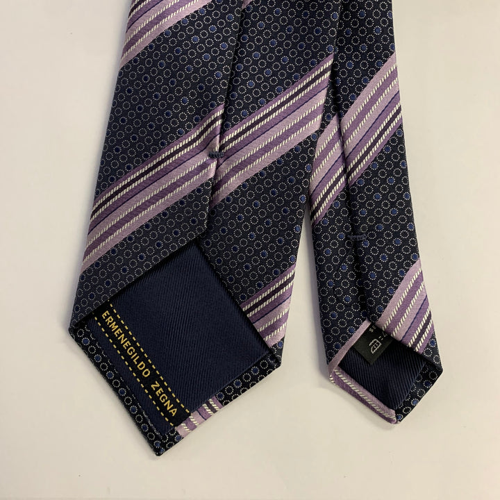 ERMENEGILDO ZEGNA Grey Purple Navy Stripe Silk Tie