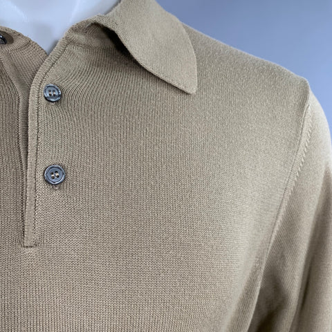 TOSCANO Size S Khaki Cotton Blend Long Sleeve Polo Pullover