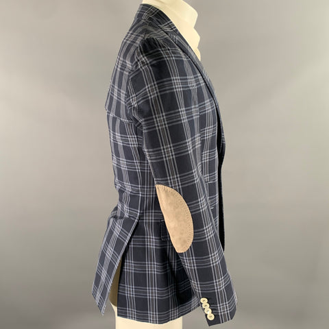 MICHAEL BASTIAN Size 36 Navy Blue Plaid Cotton Peak Lapel Sport Coat