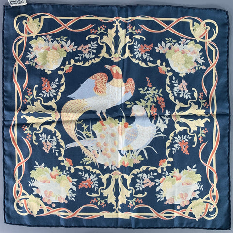 SALVATORE FERRAGAMO Navy Multi Color Birds Silk Twill Pocket Square