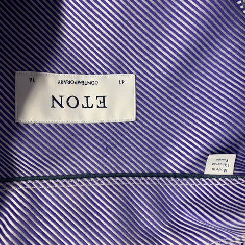 ETON Size M Blue White Diagonal Stripe Cotton Curved Cutaway Long Sleeve Shirt