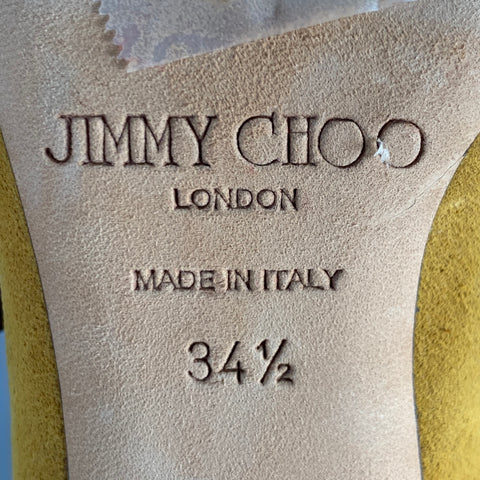 JIMMY CHOO Size 4.5 Yellow Brown Suede Buckle Stiletto Cage Boots