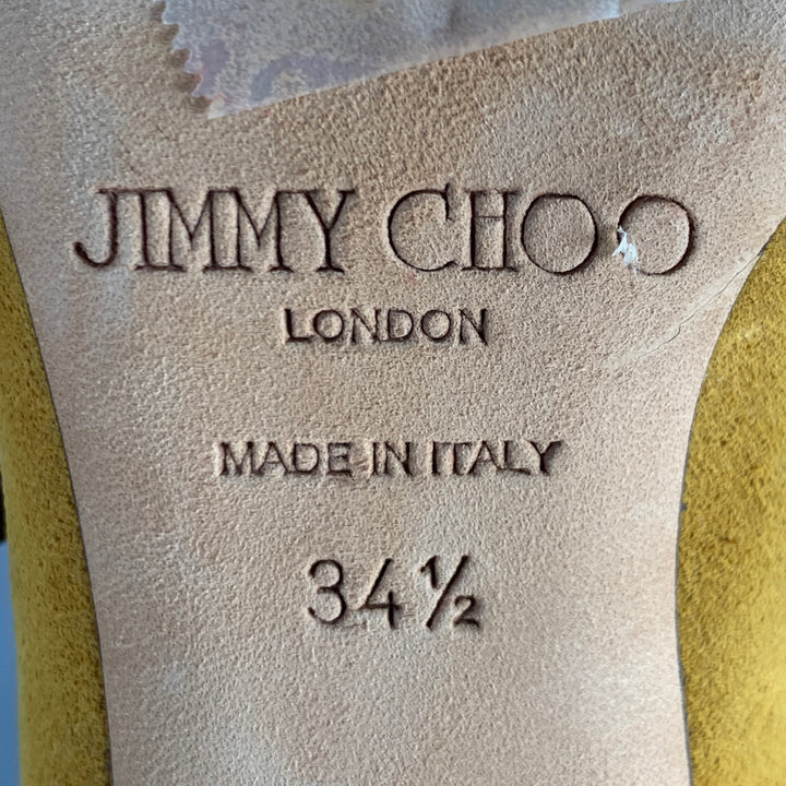 JIMMY CHOO Size 4.5 Yellow Brown Suede Buckle Stiletto Cage Boots