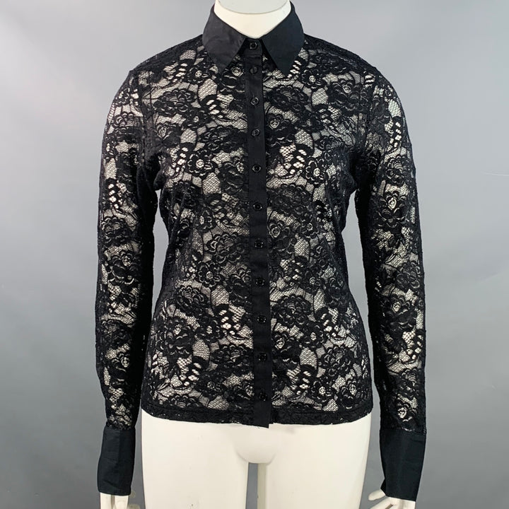 ANNE FONTAINE Size XL Black Stretchy Lace Point Collar Blouse