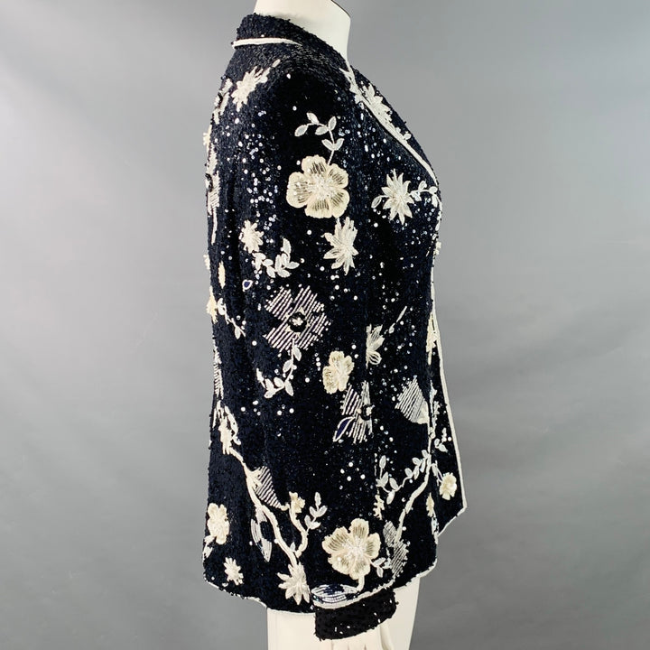 ESCADA Size L Navy Black White Sequined Beaded Floral Jacket Blazer
